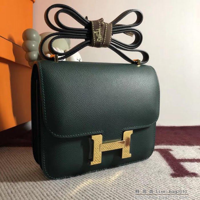 HERMES愛馬仕 空姐包 constance 英國綠 EPSOM 18cm 銀扣 蠟線縫製 單肩斜挎包  Ama1504
